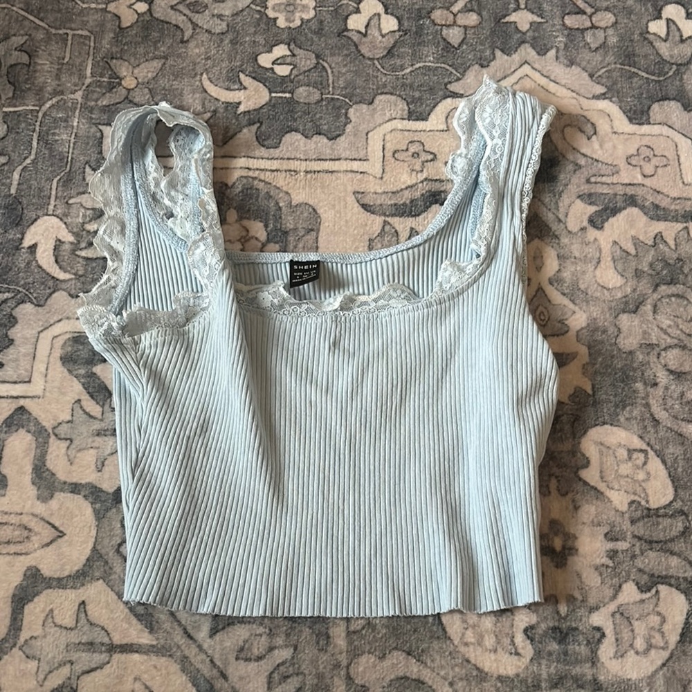 Light Blue Ribbed Lace Trim Top